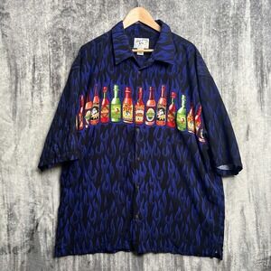 Vintage Big Dogs Hot Sauce Shirt Men's 3XLT Blue Flames Short Sleeve Button Up